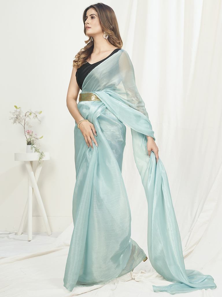 Ice Blue Ready to Wear One Minute Saree In Satin Silk