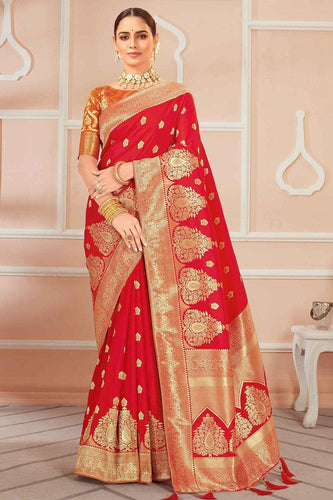 Sublime Red Color Weaving Butti Belt Silk Banarasi Design Saree