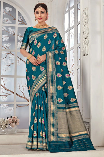 Prussian Blue Zari Butta Woven Banarasi Silk Saree : Top Pic