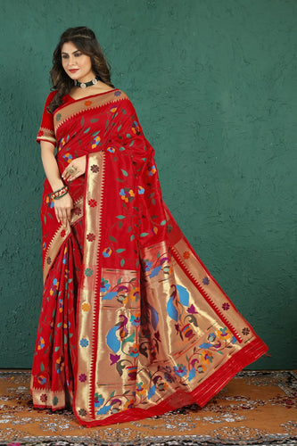 Red Saree in Paithani Silk for Women