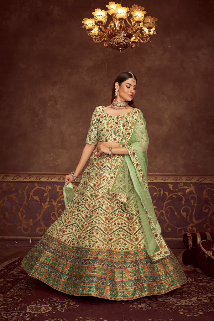 Mint Green Lehenga Choli With Embroidery With Print And Swar