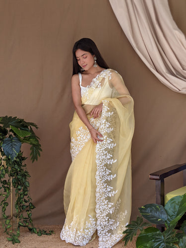 Trendy Lime Yellow Color Organza Base With Heavy Work Saree With Desig –  Cygnus Fashion