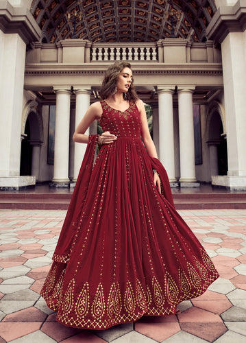 Adorable Red Color Sequence Work Velvet Gown