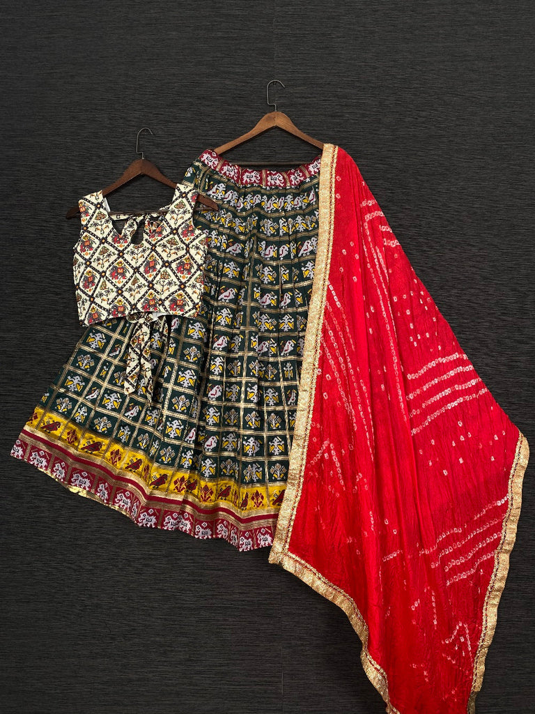 Green Color Jacquard Patola Chaniya Choli With Red Bandhej S