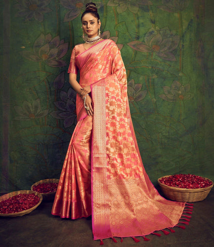 Peach stripe cotton saree with Dull gold filigree and dark pink border