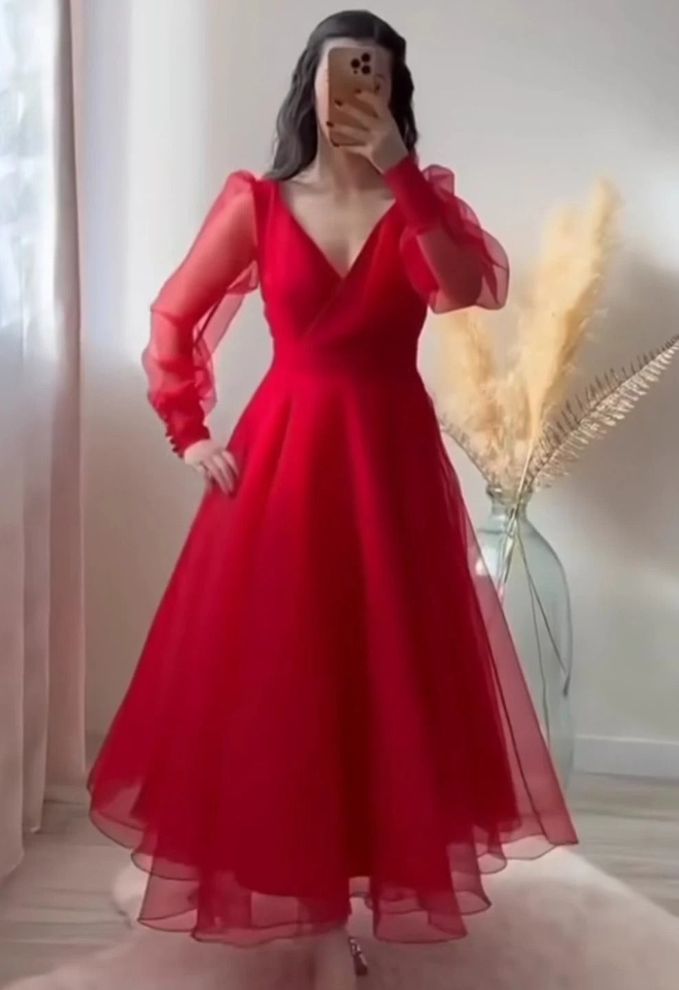 Red Prom Dresses V-Neck Puffy Sleeves A-Line Evening