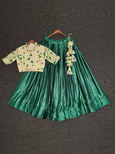 Green Color Plain With Paithani Lace Border Vichitra Silk Le