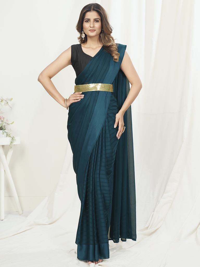 Teal Green Ready to Wear One Minute Saree In Satin Silk