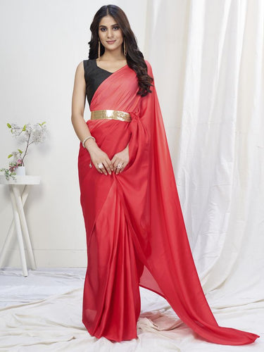 Grey colored Readymade Satin Saree with Patch and Designer Belt