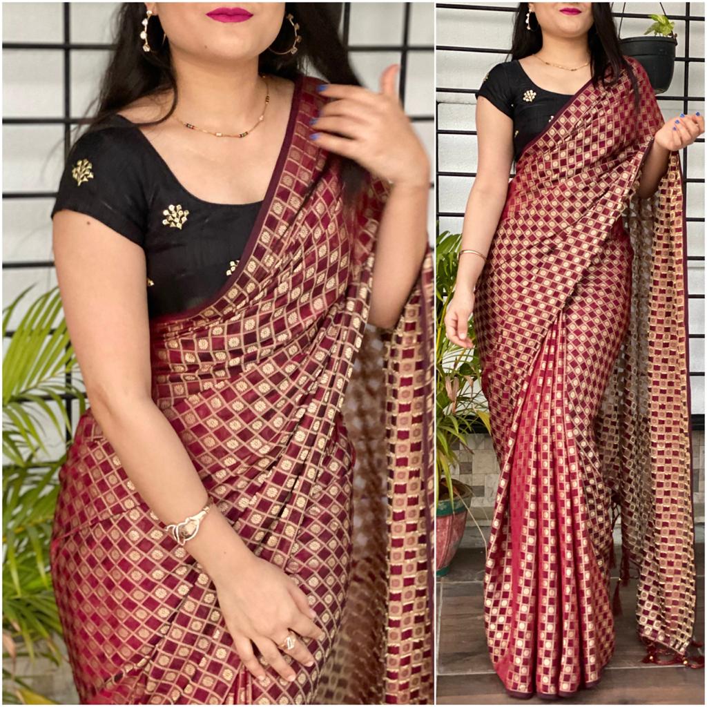 Maroon Jacquard Saree with Black Sequence Blouse - clothsvil