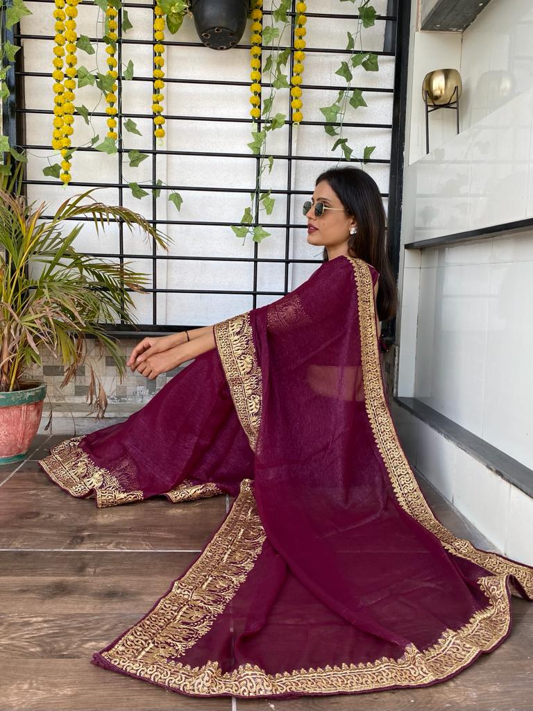 Purple Chiffon Saree with Zari embroidery and Stone Work