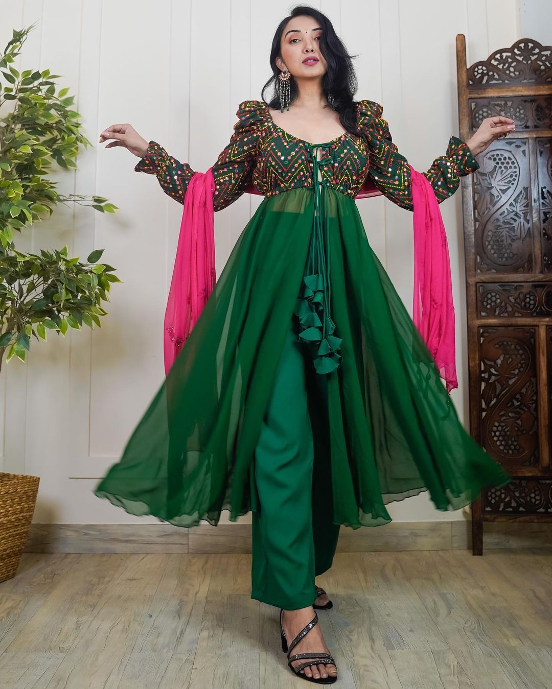 Green Anarkali Gown with Beautiful Embroidery and Palazzo