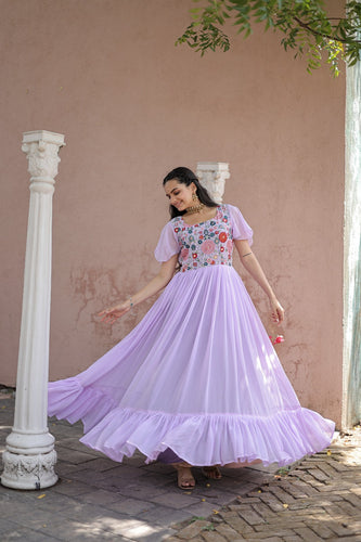 Fancy Puff Sleeves Lavender Color Gown - Clothsvilla