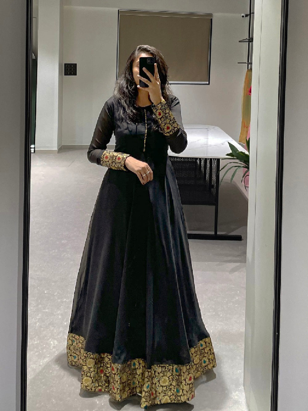 Black Color Weaving Zari Work Rangoli Silk Gown Dress