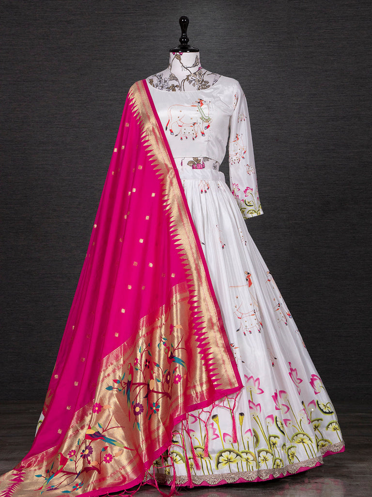 White Color Printed Silk Half Saree Set With Pethani Dupatta