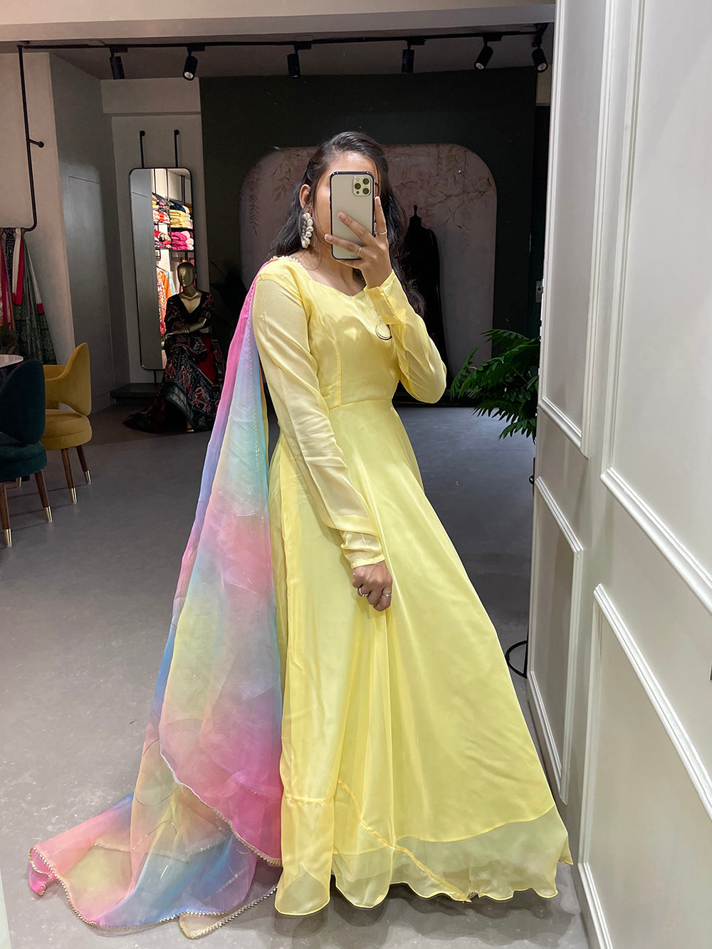 Yellow Color Simple Soft Organza Gown