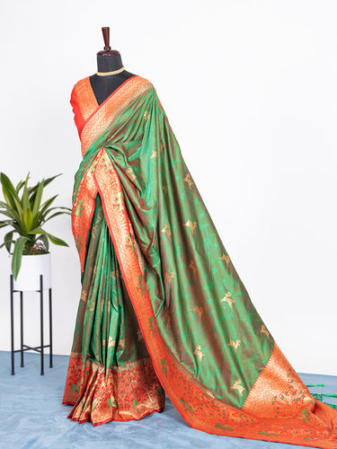Dark Green Saree in Soft Silk Three Colored Zari