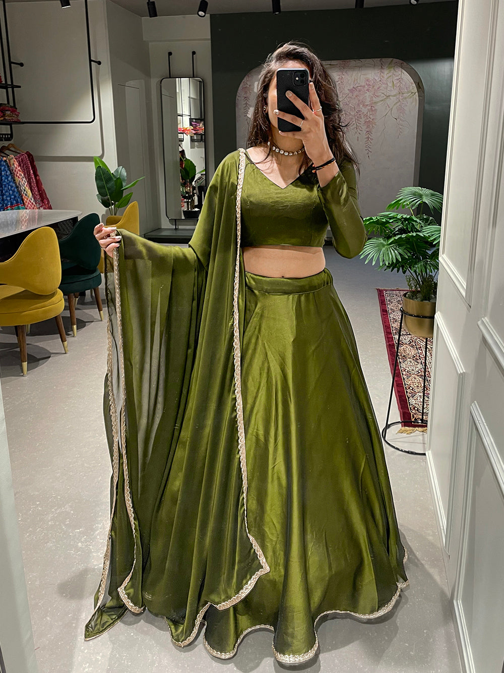 Mehendi Color Simple Rangoli Silk Mehendi Rasam Lehenga Chol