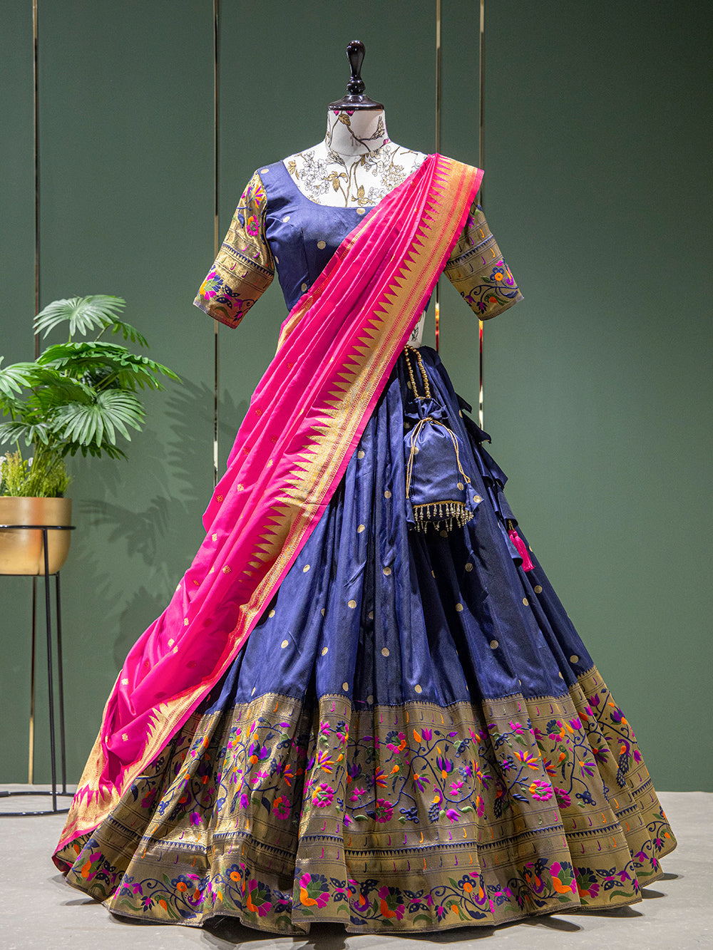 Navy Blue Color Weaving Zari Work Jacquard Paithani Lehenga