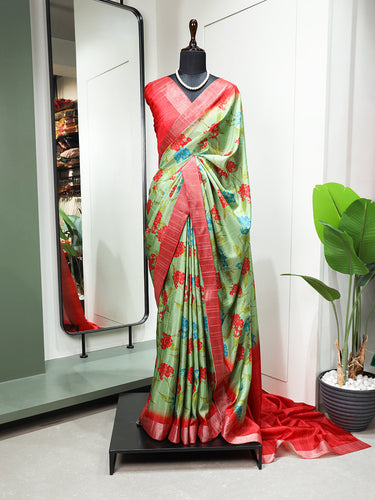 Grey Floral Printed Georgette Saree with Digital Border