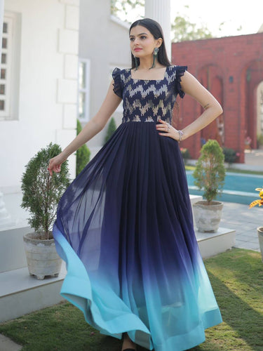 Stylish Blue Color Embroidery Work Velvet Gown