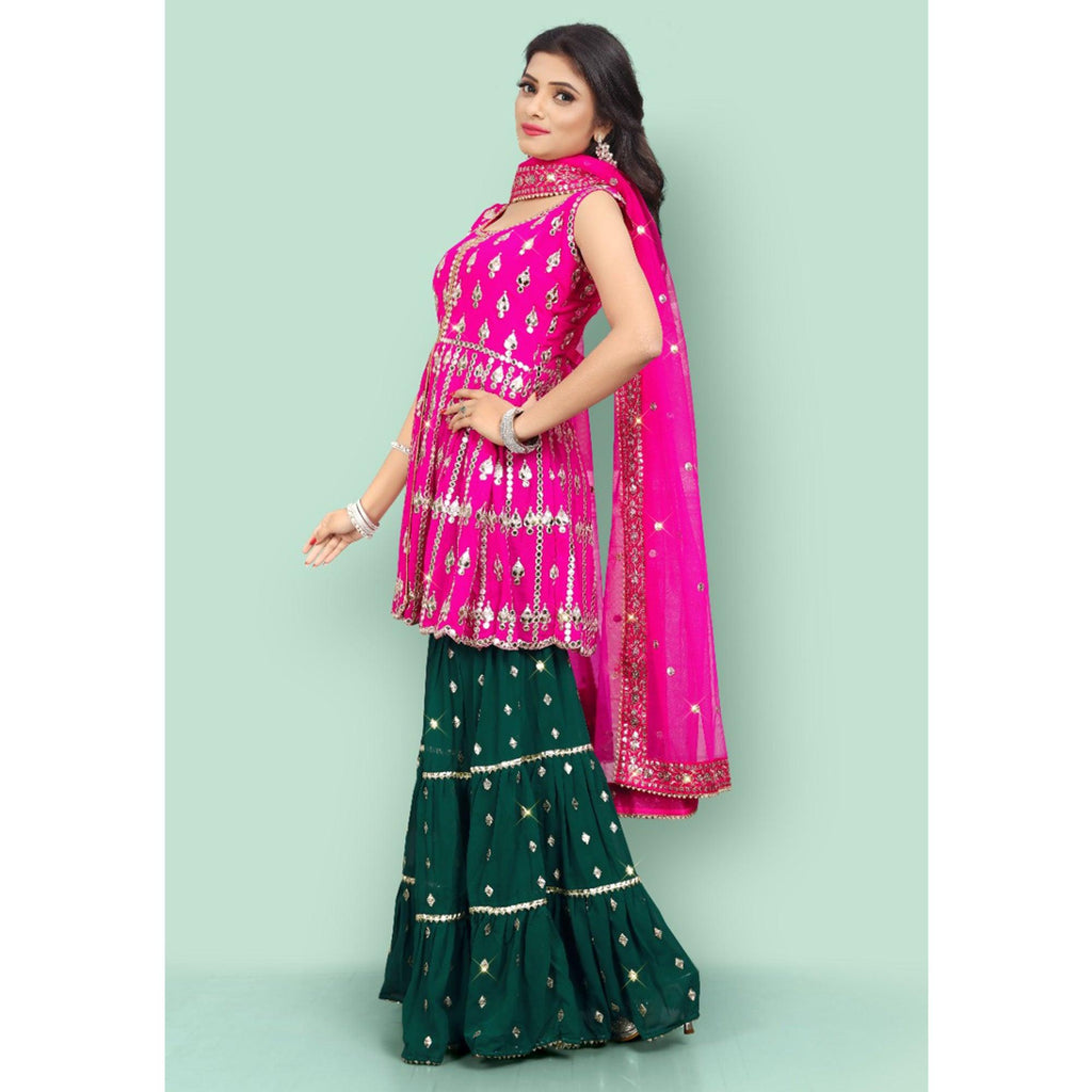 Pink Partywear Thread With Mirror Embroidered Georgette