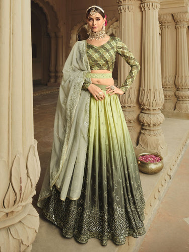 Pista Green Net Lehenga with Floral Embroidery and Dupatta along with Waist  Belt|Lehenga-Diademstore.com