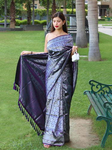 Blue Purple Saree in Pure Kanjeevaram Silk Woven - Clothsvil