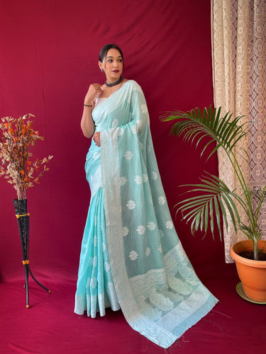 Designer Sky Blue Organza Zari Embroidered Saree Designs – tapee.in