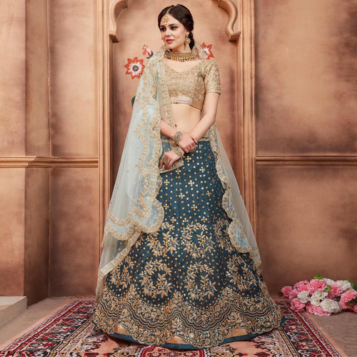 Peach & Navy Blue & Sky Blue & Maroon & Gold & Blue & Pink & White & Yellow  Ceremonial Banarasi Half Saree Lehenga - Buy Trending Peach & Navy Blue &