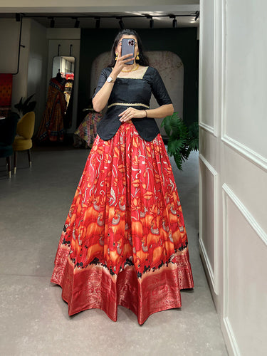 Buy Black and Red Chanderi Cotton Festival Readymade Lehenga Choli Online