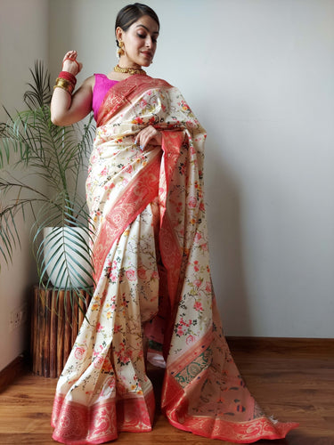 White Dark Purple Blend Floral Design Digital Print Linen Saree - Loomfolks