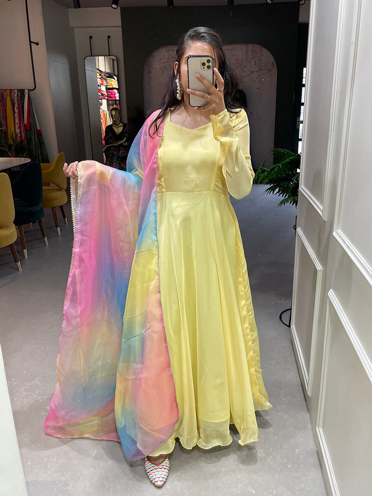 Yellow Color Simple Soft Organza Gown