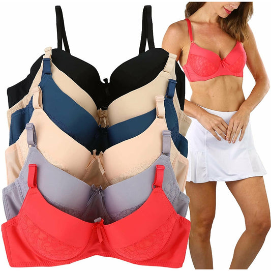 ToBeInStyle Women's Pack of 6 Padded Assorted Styles Supportive Bras Cup  Size - A to DDD, 6 Pack: Lace Wing Floral Patterned Bras - Deep Colors,  36A: Buy Online at Best Price