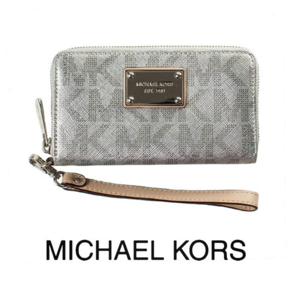 MICHAEL KORS Gunmetal Silver Metallic Mirrored MK Logo Zip Around Wall –  Style Exchange Boutique PGH