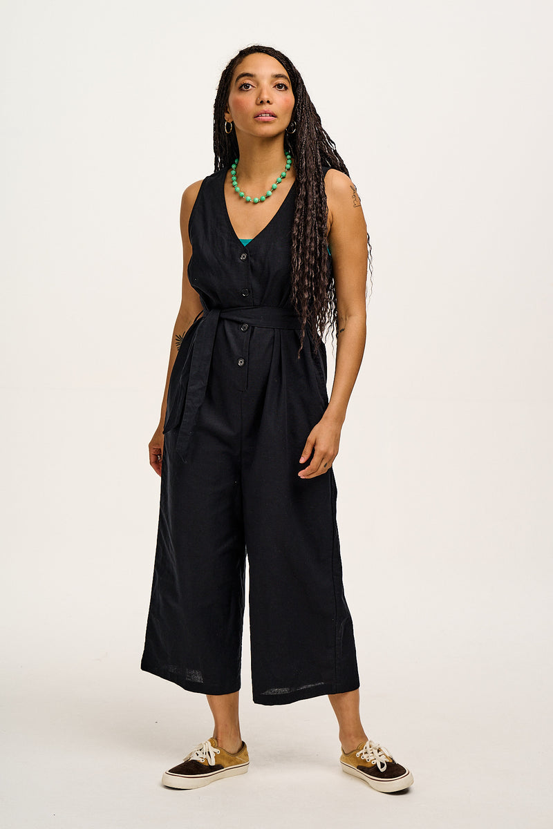 Finn - V-Neck Cotton & Linen Jumpsuit in Black