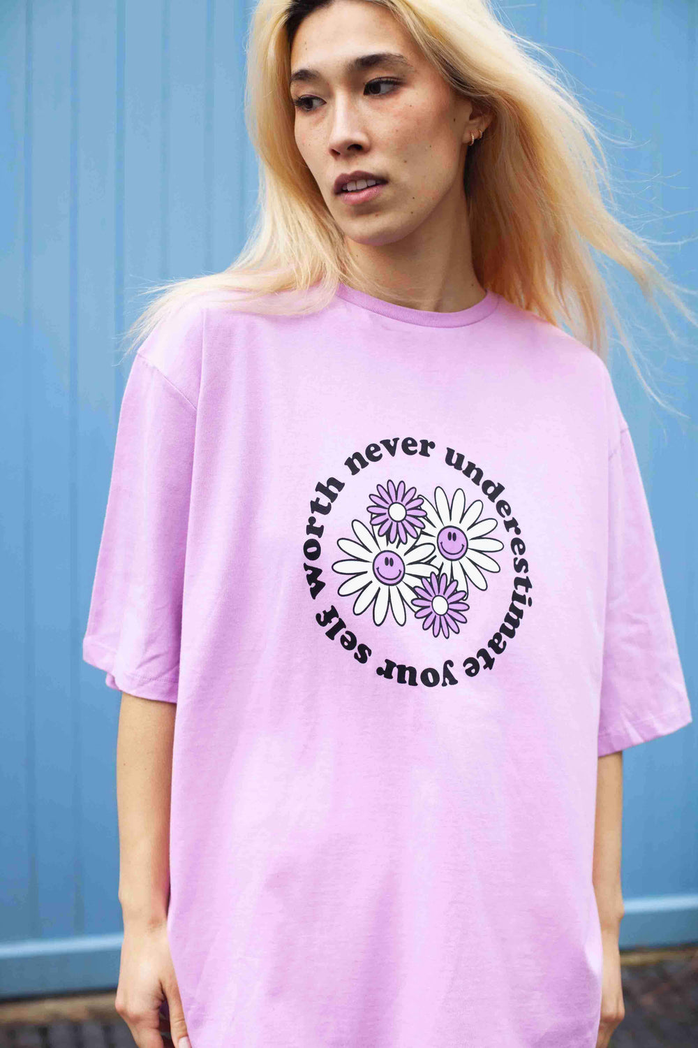 Benny Organic Cotton Tee in Lilac with 'Self Worth' Print