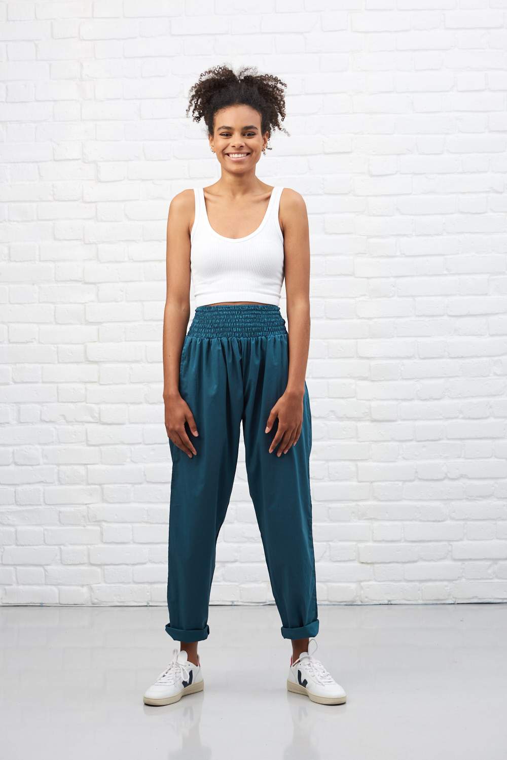'Organic Taupo' High Waist Cotton Trousers in Petrol Blue by Lucy and Yak