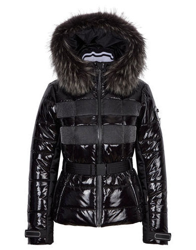 black patent coat with fur hood