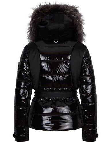 black patent coat with fur hood