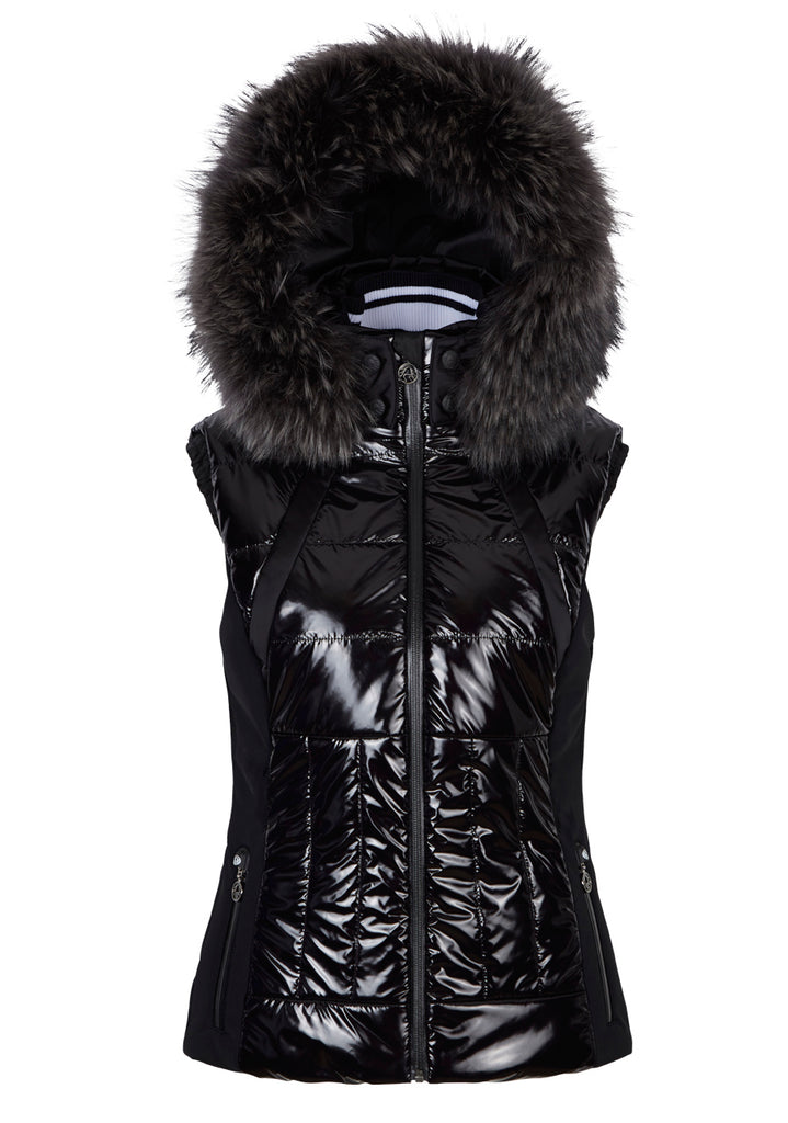 black patent coat with fur hood