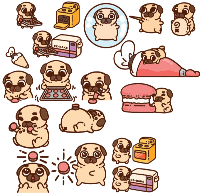 An assortment of Puglie illustrations, such as him putting in a pan of macaron shells in to a yellow oven, or Easy-Bake Oven, him using a toothpick to poke airbubbles, him lying on a giant piping bag, him eating a giant macaron, and him lying on his back with an enlarged belly and a single macaron laying on top of the belly.