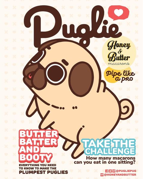 A faux magazine cover featuring Puglie for the magazine "Puglie", showing the Honey and Butter logo in the top right area under the Puglie logo, along with headlines such as "Pipe like a Pro," "Butter, Batter, and Booty - everything you need to know to make the plumpest Puglies," and "Take the Challenge - How many macarons can you eat in one sitting?"
