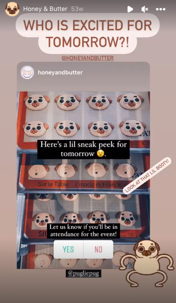 A screenshot of an Instagram story from Puglie Pug resharing a story from Honey and Butter showing the Puglie macarons on a baking sheet. The caption says “Who is excited for tomorrow?!”