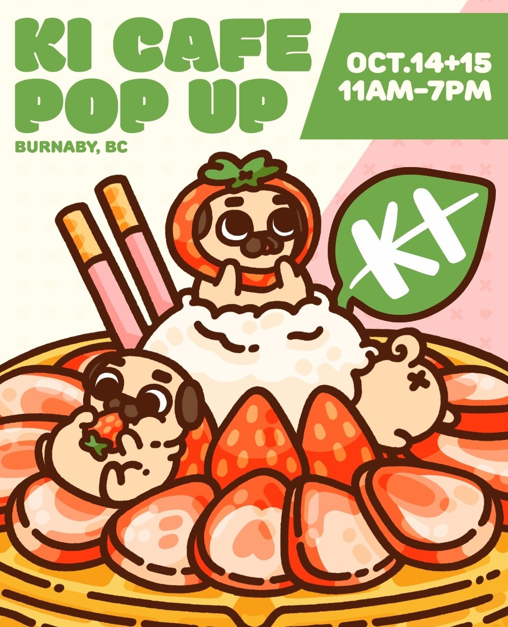 Ki Cafe Pop Up image with Mini Puglies interacting with a strawberry waffle.