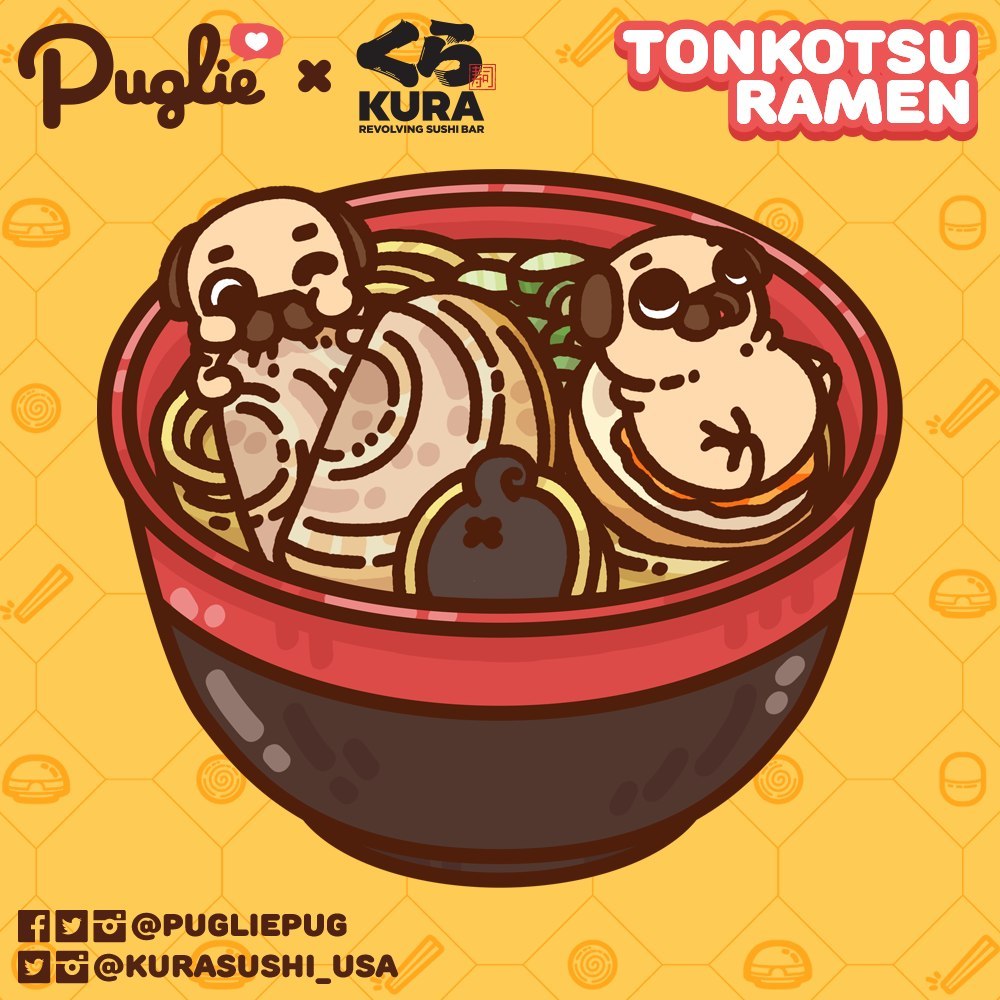 Illustration of two Mini Puglies and one Mini Ollie in a Kura Sushi Tonkatsu Ramen bowl. One of the Puglies is eating the chashu, the other is laying belly up on the egg, and Ollie is face down in the ramen.