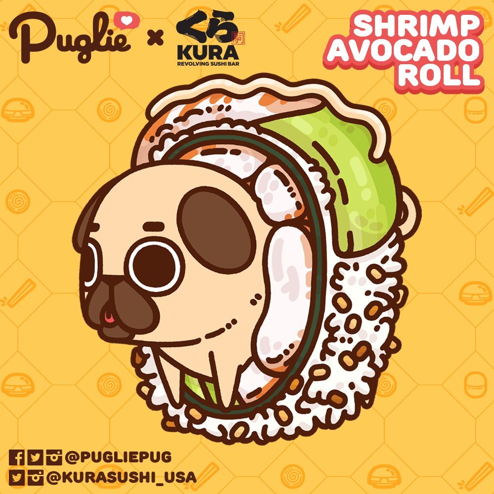Illustration of Puglie dressed up in the Shrimp Avocado Roll.