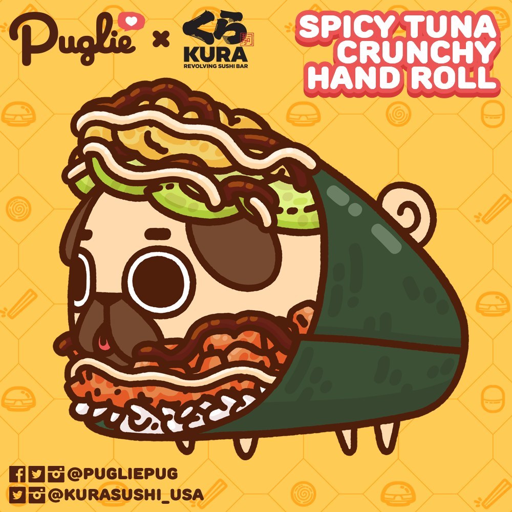 Illustration of Puglie dressed up in the Spicy Tuna Crunchy Hand Roll.