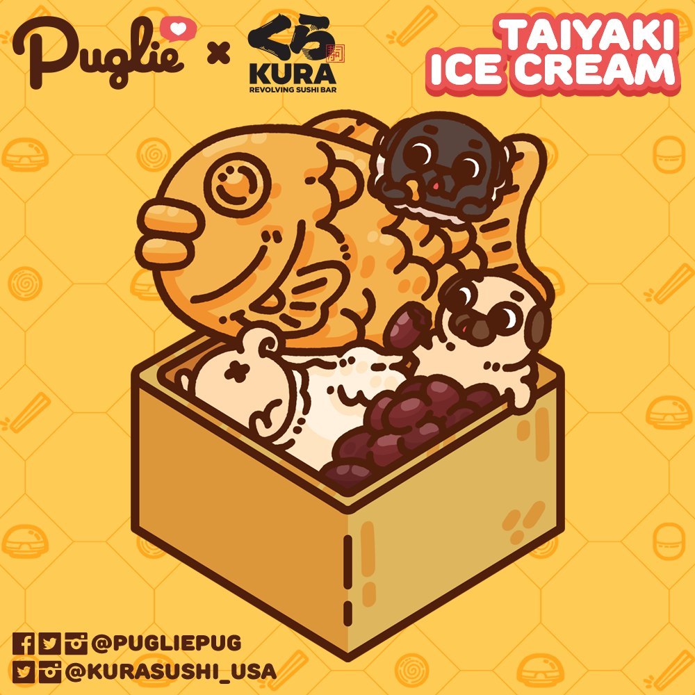 Illustration of two Mini Puglies and one Mini Ollie in a Taiyaki Ice Cream. Ollie is eating the Taiyaki, a Puglie is eating a red bean underneath the taiyaki, and another Puglie is face down stuck in the ice cream underneath the taiyaki.