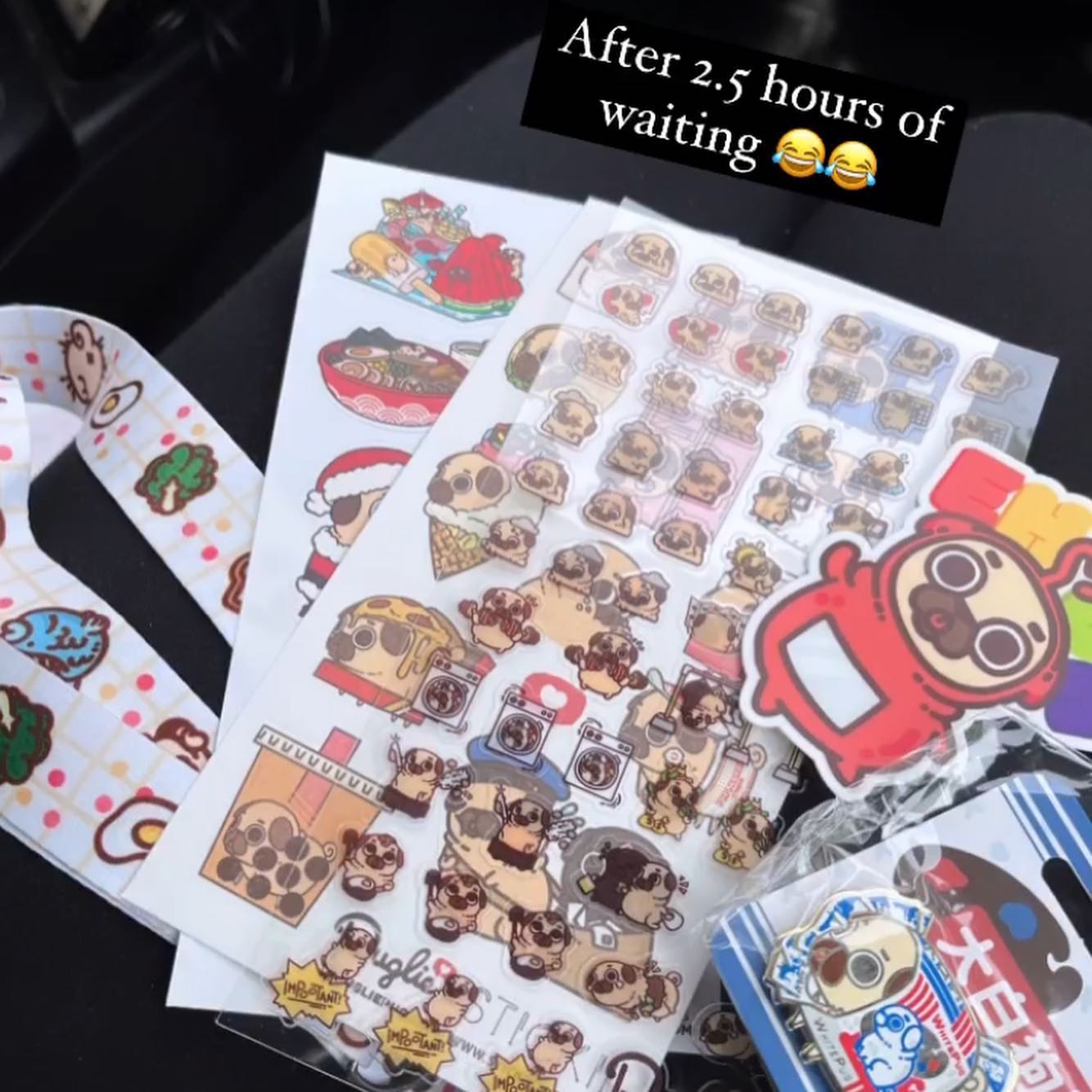 Photo of some Puglie stickers and lanyards a customer bought, caption says “After 2.5 hours of waiting.”